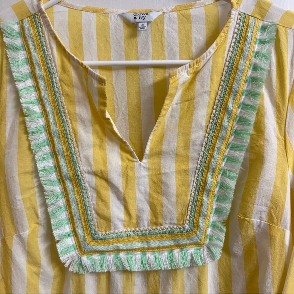 Crown & Ivy Womens Sz S Yellow White Striped Mint Fringe Beaded Tunic Top Blouse - Picture 3 of 8